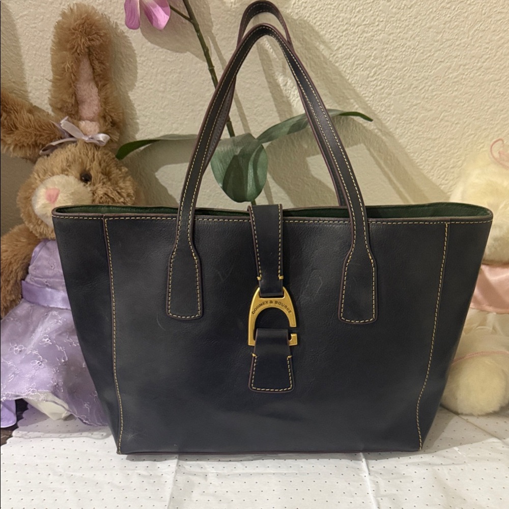 Dooney & Bourke Black Leather Tote with Gold Hardware and Green Trim
